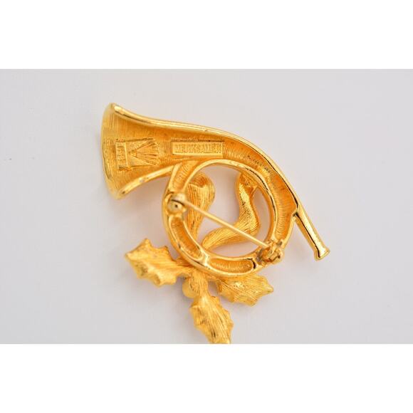 Merksamer Vintage Horn Pin Brooch Rhinestone Crystal Gold Tone Signed 90s BinAT - Picture 11 of 12